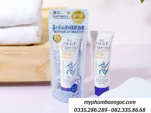 KEM CHỐNG NẮNG HATOMUGI Ý DĨ MILKY GEL DẠNG SỮA 80G NHẬT BẢN